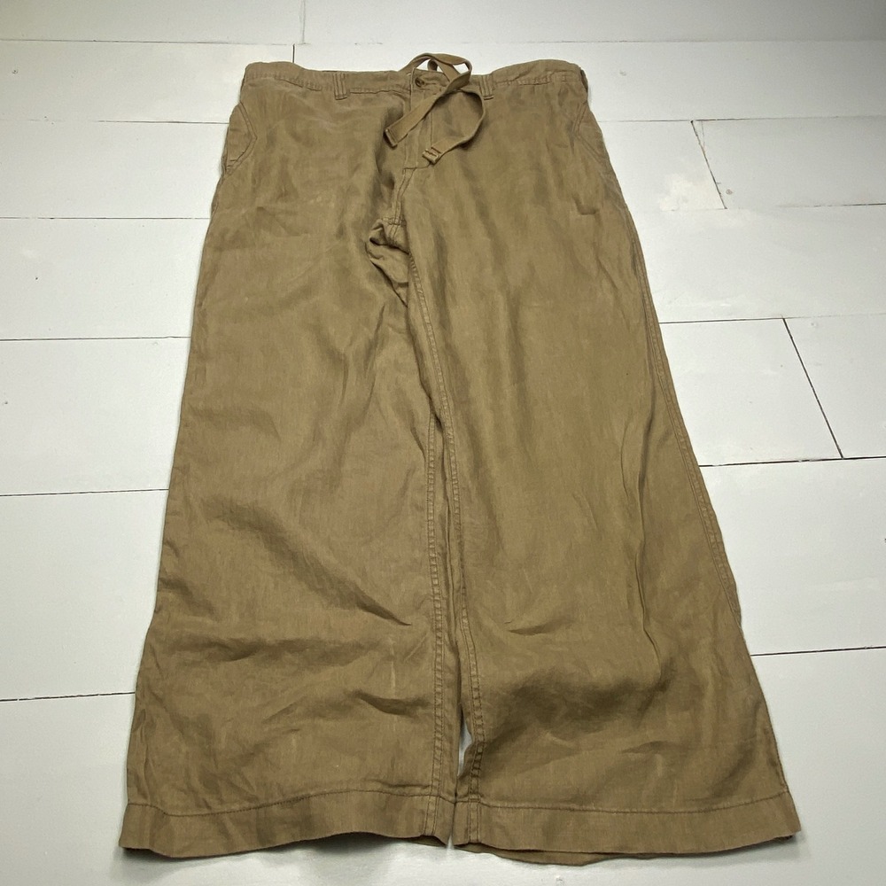 Old Navy Linen Pants Mens 40x30 Khaki Wide Leg Drawstring Summer Beach Trousers
